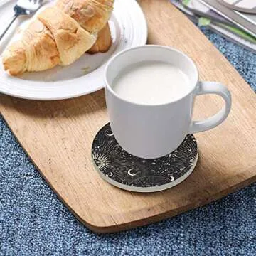 Kuizee Ceramic Drink Coasters Set Moon Phases Sun Zodiac Mysterious Astrology Absorbent Coaster Apartment Kitchen Room Bar Decor Round Cork Base 3.9 Inch,1PCS