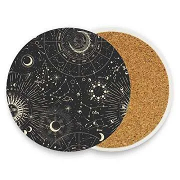 Kuizee Ceramic Drink Coasters Set Moon Phases Sun Zodiac Mysterious Astrology Absorbent Coaster Apartment Kitchen Room Bar Decor Round Cork Base 3.9 Inch,1PCS