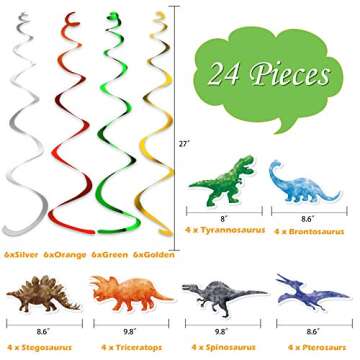 Watercolor Dinosaur Hanging Swirl - 24PCS Dinosaur Party Decorations for Boys Kids Dino Theme Birthday Party Supplies Jurassic World Hanging Spiral Garlands Ceiling Decor