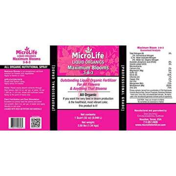 MicroLife Maximum Blooms (3-8-3) Professional Grade Organic Liquid Fertilizer Concentrate for All Flowers and Anything That Blooms, 1 Quart