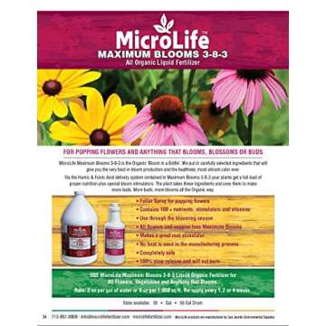 MicroLife Maximum Blooms (3-8-3) Professional Grade Organic Liquid Fertilizer Concentrate for All Flowers and Anything That Blooms, 1 Quart