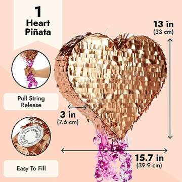 Sparkle and Bash Rose Gold Foil Pull String Heart Pinata, Ideal for Birthday Party Decorations & Supplies, Valentine's Day (15.7 x 13 x 3 In, Small)