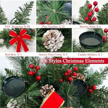 30'' Large Christmas Tables Centerpieces Xmas Tabletop Decorations with 3 Candle Holder & Red Bow Be...