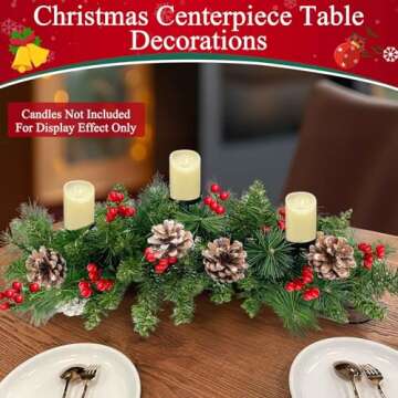 30'' Large Christmas Tables Centerpieces Xmas Tabletop Decorations with 3 Candle Holder & Red Bow Berry Pine Cone, Metal Base Xmas Dining Table Centerpieces Christmas Decorations for Home Indoor Decor