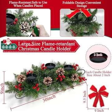 30'' Large Christmas Tables Centerpieces Xmas Tabletop Decorations with 3 Candle Holder & Red Bow Berry Pine Cone, Metal Base Xmas Dining Table Centerpieces Christmas Decorations for Home Indoor Decor