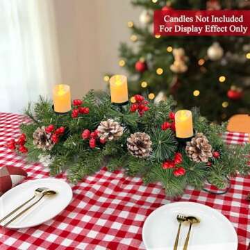 30'' Large Christmas Tables Centerpieces Xmas Tabletop Decorations with 3 Candle Holder & Red Bow Berry Pine Cone, Metal Base Xmas Dining Table Centerpieces Christmas Decorations for Home Indoor Decor