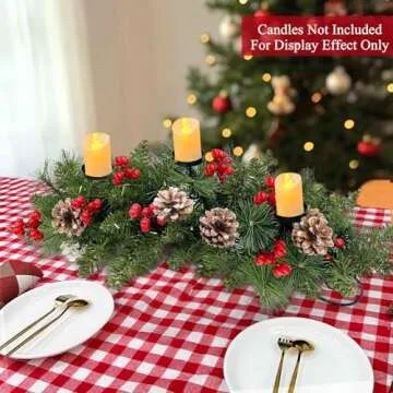 30'' Large Christmas Tables Centerpieces Xmas Tabletop Decorations with 3 Candle Holder & Red Bow Berry Pine Cone, Metal Base Xmas Dining Table Centerpieces Christmas Decorations for Home Indoor Decor