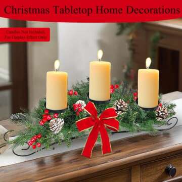 30'' Large Christmas Tables Centerpieces Xmas Tabletop Decorations with 3 Candle Holder & Red Bow Berry Pine Cone, Metal Base Xmas Dining Table Centerpieces Christmas Decorations for Home Indoor Decor