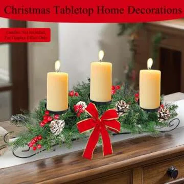 30'' Large Christmas Tables Centerpieces Xmas Tabletop Decorations with 3 Candle Holder & Red Bow Berry Pine Cone, Metal Base Xmas Dining Table Centerpieces Christmas Decorations for Home Indoor Decor