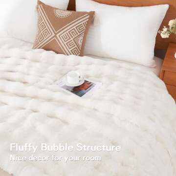Andency Fluffy Faux Fur Throw Blanket for Couch, Soft Cozy Bubble Blankets for Women, Girls, Snuggy Fuzzy Blanket for Living Room, Sofa, Bed, 50x60 Inches, White, Cream