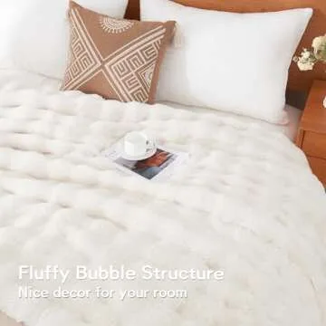 Andency Fluffy Faux Fur Throw Blanket for Couch, Soft Cozy Bubble Blankets for Women, Girls, Snuggy Fuzzy Blanket for Living Room, Sofa, Bed, 50x60 Inches, White, Cream