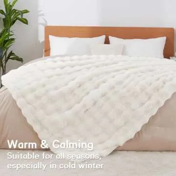 Andency Fluffy Faux Fur Throw Blanket for Couch, Soft Cozy Bubble Blankets for Women, Girls, Snuggy Fuzzy Blanket for Living Room, Sofa, Bed, 50x60 Inches, White, Cream