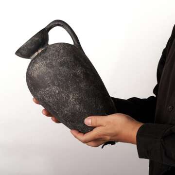 Terracotta Vase with Handle, Black Boho Ceramic Pottery 10inch, Farmhouse Unique Textured Round Jug, Vintage Decorative Vases for Flowers, Centerpieces, Living Room.