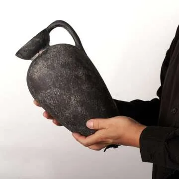 Terracotta Vase with Handle, Black Boho Ceramic Pottery 10inch, Farmhouse Unique Textured Round Jug, Vintage Decorative Vases for Flowers, Centerpieces, Living Room.