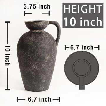 Terracotta Vase with Handle, Black Boho Ceramic Pottery 10inch, Farmhouse Unique Textured Round Jug, Vintage Decorative Vases for Flowers, Centerpieces, Living Room.