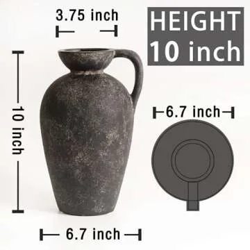 Terracotta Vase with Handle, Black Boho Ceramic Pottery 10inch, Farmhouse Unique Textured Round Jug, Vintage Decorative Vases for Flowers, Centerpieces, Living Room.