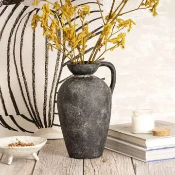Terracotta Vase with Handle, Black Boho Ceramic Pottery 10inch, Farmhouse Unique Textured Round Jug, Vintage Decorative Vases for Flowers, Centerpieces, Living Room.