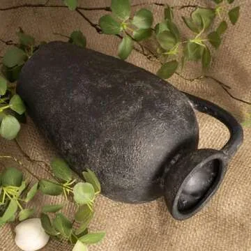 Terracotta Vase with Handle, Black Boho Ceramic Pottery 10inch, Farmhouse Unique Textured Round Jug, Vintage Decorative Vases for Flowers, Centerpieces, Living Room.