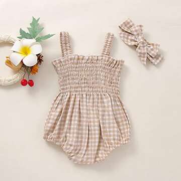 Newborn Baby Girl Bodysuit Sleeveless Halter Frill Romper One-piece Jumpsuit with Headband Summer Clothes Set (Khaki, 3-6 Months)