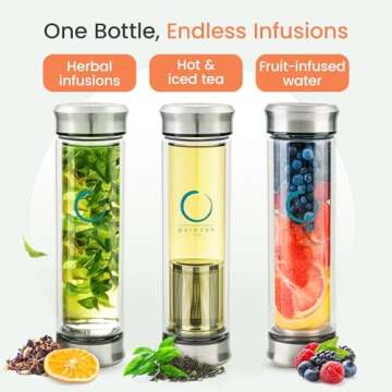 Pure Zen Tea Tumbler with Infuser - Double Wall Glass Travel Mug with Stainless Steel Filter - Leakp...