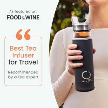 Pure Zen Tea Tumbler with Infuser - Double Wall Glass Travel Mug with Stainless Steel Filter - Leakproof Tea Infuser Bottle for Loose Leaf Tea and Fruit Infused Water - Unique Gift Set - 13 Ounce