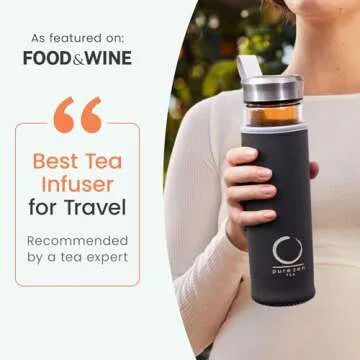 Pure Zen Tea Tumbler with Infuser - Double Wall Glass Travel Mug with Stainless Steel Filter - Leakproof Tea Infuser Bottle for Loose Leaf Tea and Fruit Infused Water - Unique Gift Set - 13 Ounce