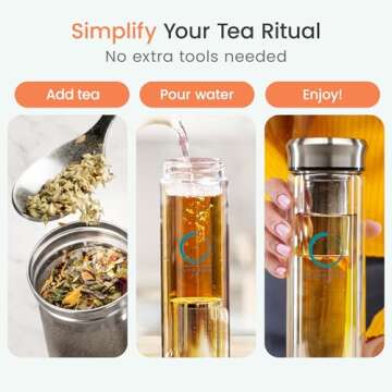 Pure Zen Tea Tumbler with Infuser - Double Wall Glass Travel Mug with Stainless Steel Filter - Leakproof Tea Infuser Bottle for Loose Leaf Tea and Fruit Infused Water - Unique Gift Set - 13 Ounce