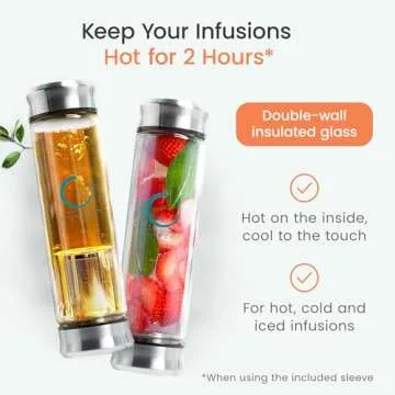 Pure Zen Tea Tumbler with Infuser - Double Wall Glass Travel Mug with Stainless Steel Filter - Leakproof Tea Infuser Bottle for Loose Leaf Tea and Fruit Infused Water - Unique Gift Set - 13 Ounce