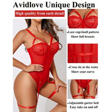 Avidlove Women’s Sexy Lingerie with Garter Belt Deep V Bodysuit