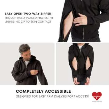 Inspired Comforts Dialysis Port Access Pullover Hoodie with Two Way Arm Zips (M) Black
