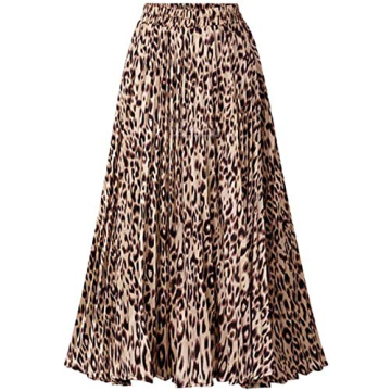 Womens Stylish Leopard Print Midi Long Shirring Skirts – Comfortable A-Line Design in Yellow