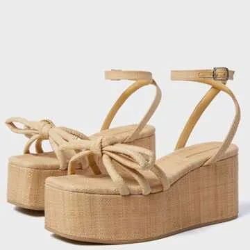 ZIXSAA Raffia Platform Sandals - Elegant Bow Ankle Strap Wedges for Women