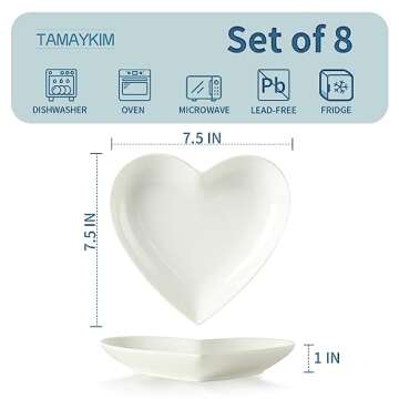 TAMAYKIM 7.5 Inch Porcelain Dinner Plates, Heart Shaped Dessert Plates, White Salad Appetizer Plates, Small Dinnerware Plates Set, Restaurant Dishes, Microwave, Oven & Dishwasher Safe, Set of 8