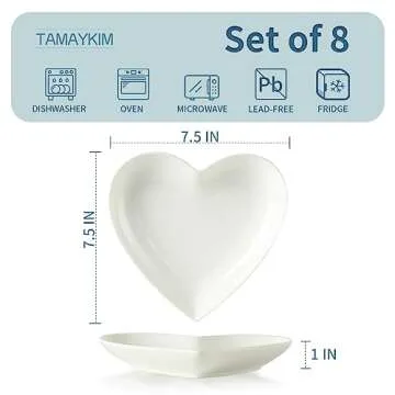 TAMAYKIM 7.5 Inch Porcelain Dinner Plates, Heart Shaped Dessert Plates, White Salad Appetizer Plates, Small Dinnerware Plates Set, Restaurant Dishes, Microwave, Oven & Dishwasher Safe, Set of 8