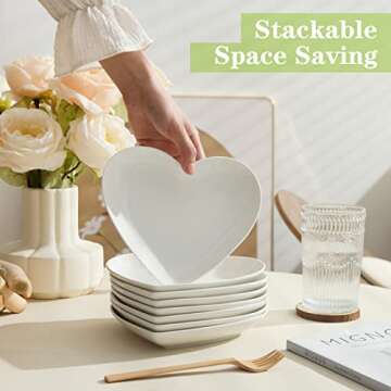 TAMAYKIM 7.5 Inch Porcelain Dinner Plates, Heart Shaped Dessert Plates, White Salad Appetizer Plates, Small Dinnerware Plates Set, Restaurant Dishes, Microwave, Oven & Dishwasher Safe, Set of 8