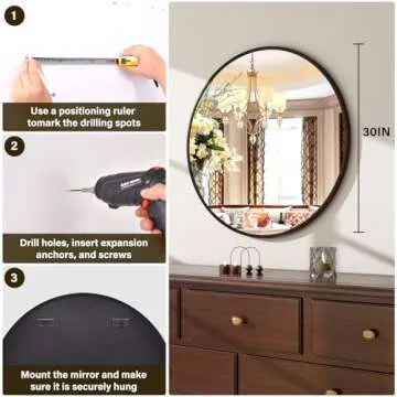 30-Inch Round Wall Mirror - Black Bathroom Mirror with Metal Frame - Modern Hanging Mirror for Entryway, Bathroom, Vanity, Living Room - Stylish Circle Mirror
