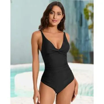 Smismivo Women's Tummy Control Swimsuit One Piece Slimming Ruched Push Up Bathing Suit Vintage Padded Retro Swimwear Cute Ladies Sexy V Neck Swimming Suits Black