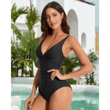 Smismivo Women's Tummy Control Swimsuit One Piece Slimming Ruched Push Up Bathing Suit Vintage Padded Retro Swimwear Cute Ladies Sexy V Neck Swimming Suits Black