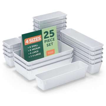 25 PCS White Plastic Drawer Organizers Set, 4 Sizes White Drawer Organizers & storage Bins for Makeu...
