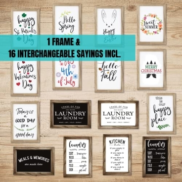 Farmhouse Signs For Laundry Room Or Kitchen Wall Decor - Rustic Wooden Frame Comes with 16 Interchangeable Sayings - The Perfect Home Decoration Accessories For Your Laundry Room or Kitchen