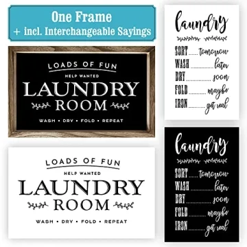 Farmhouse Signs For Laundry Room Or Kitchen Wall Decor - Rustic Wooden Frame Comes with 16 Interchangeable Sayings - The Perfect Home Decoration Accessories For Your Laundry Room or Kitchen