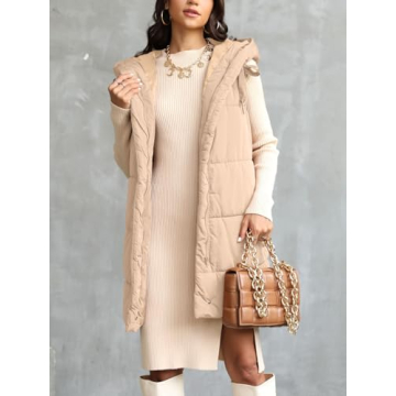 Danedvi Women's Winter Hooded Puffer Vest Side Zip up Casual Sleeveless Long Coats Jacket