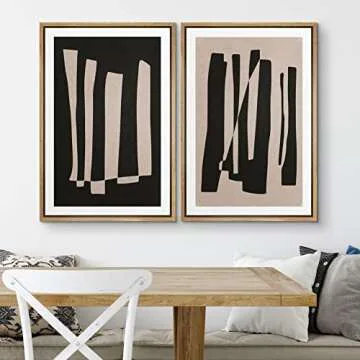 SIGNWIN Framed Canvas Print Wall Art Set Black Brown Geometric Polygon Stripes Abstract Shapes Illus...