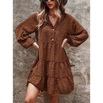 TEMOFON Womens Long Sleeve Dress: Leopard Printed Tunic Casual Loose V Neck Fall Flowy Mini Dresses ...