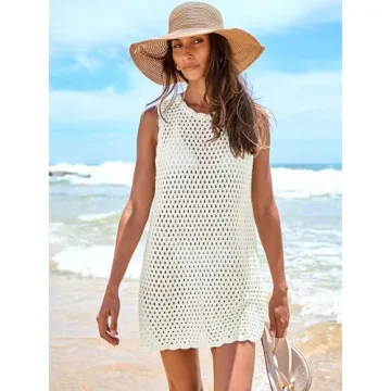 Women's Sleeveless Crochet Swim Coverup - White Small