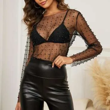 Naileksi Pearl Rhinestone Mesh Crop Top for Women