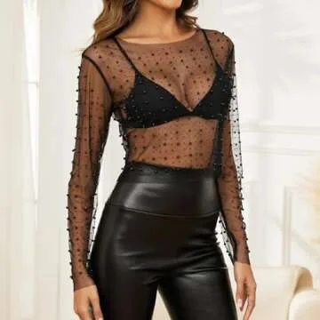 Naileksi Pearl Rhinestone Mesh Crop Top for Women