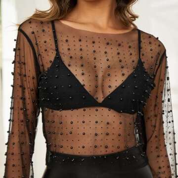 Naileksi Pearl Rhinestone Mesh Crop Top for Women