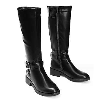 DREAM PAIRS Women's Knee High Riding Boots Comfortable Low Chunky Heel Boots Side Zipper Round Toe Casual Classic Ranching Boots,Size 8,BLACK-OIL SKIN,SDKB2307W