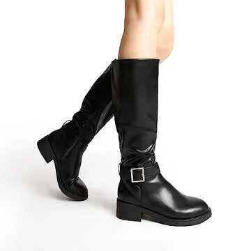 DREAM PAIRS Women's Knee High Riding Boots Comfortable Low Chunky Heel Boots Side Zipper Round Toe Casual Classic Ranching Boots,Size 8,BLACK-OIL SKIN,SDKB2307W